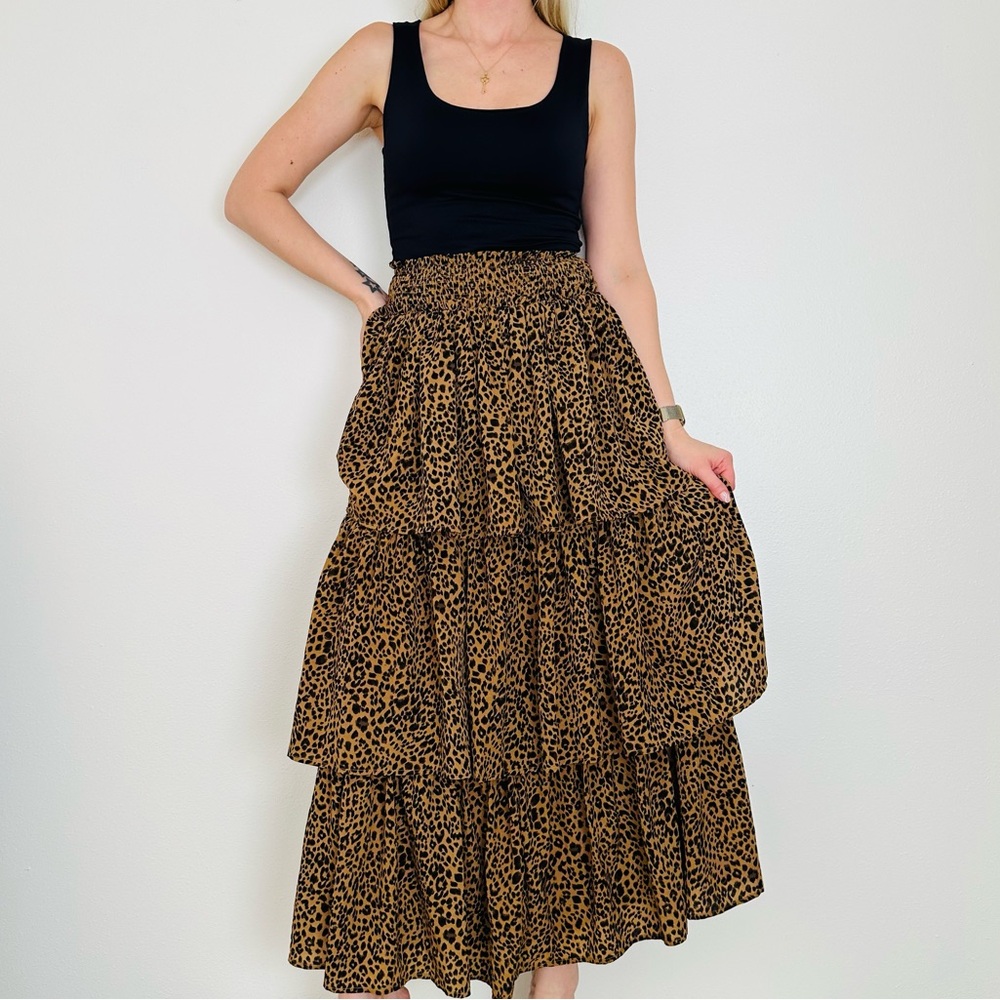New American Threads Leopard Animal Print Tiered Flare Lightweight Maxi Skirt